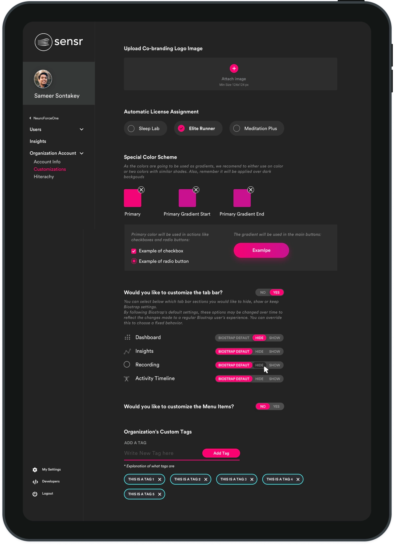 A software settings dashboard displays options for logo upload, license assignment, color schemes, rpm configuration, tab bar customization, and custom tags on a dark interface.